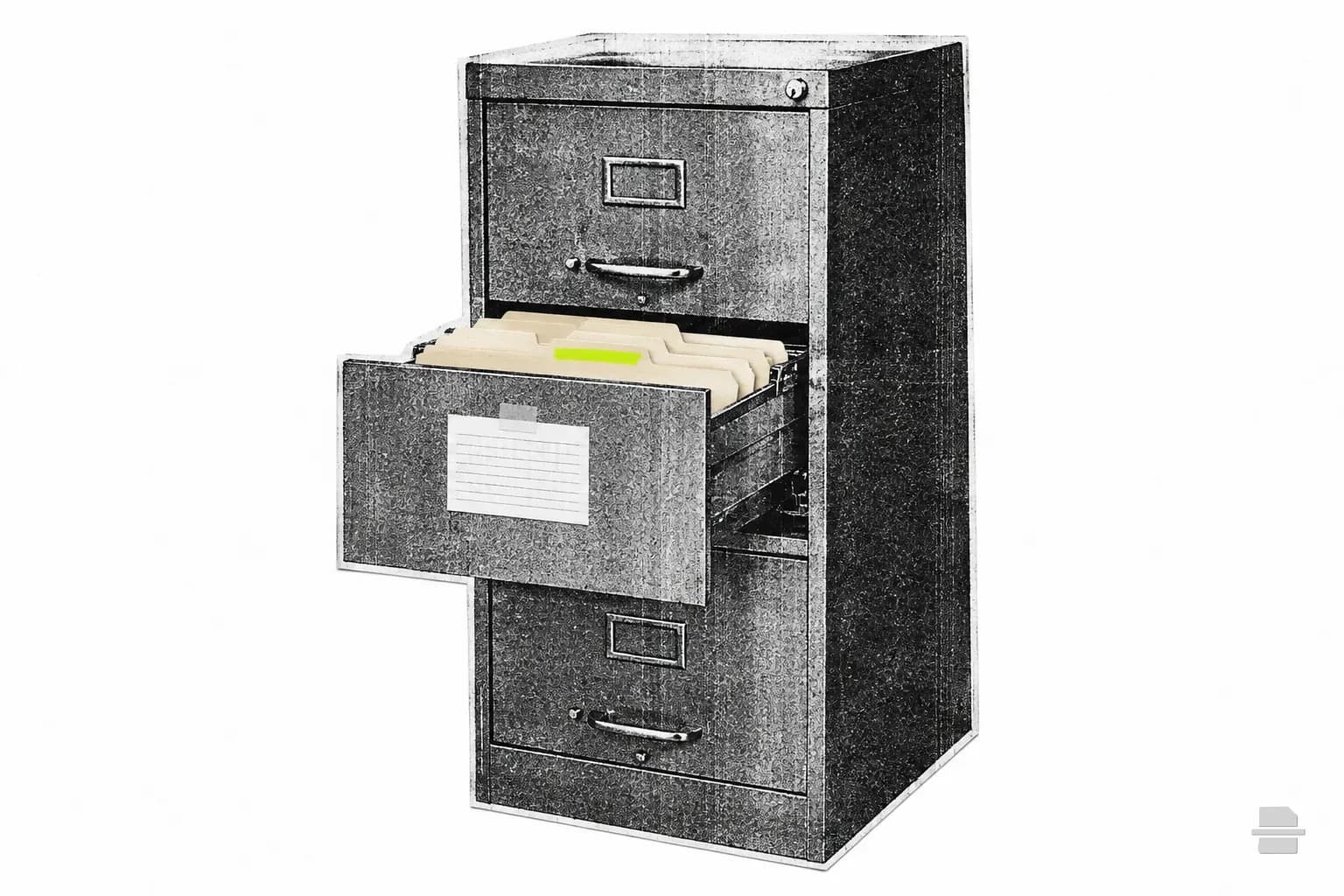 Photocopy-style paste-up of a filing cabinet with an open drawer of manila folders