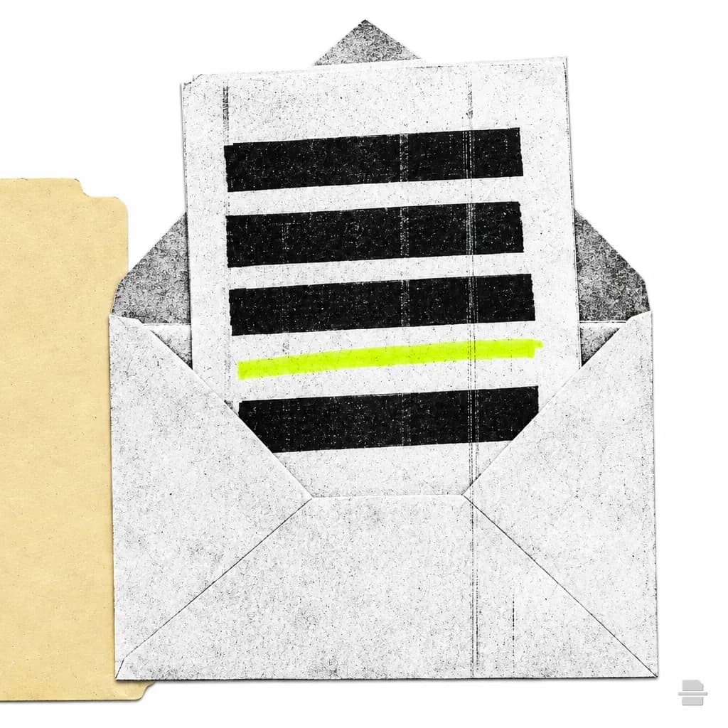 Photocopy-style paste-up of an opened envelope with a barred page sliding out