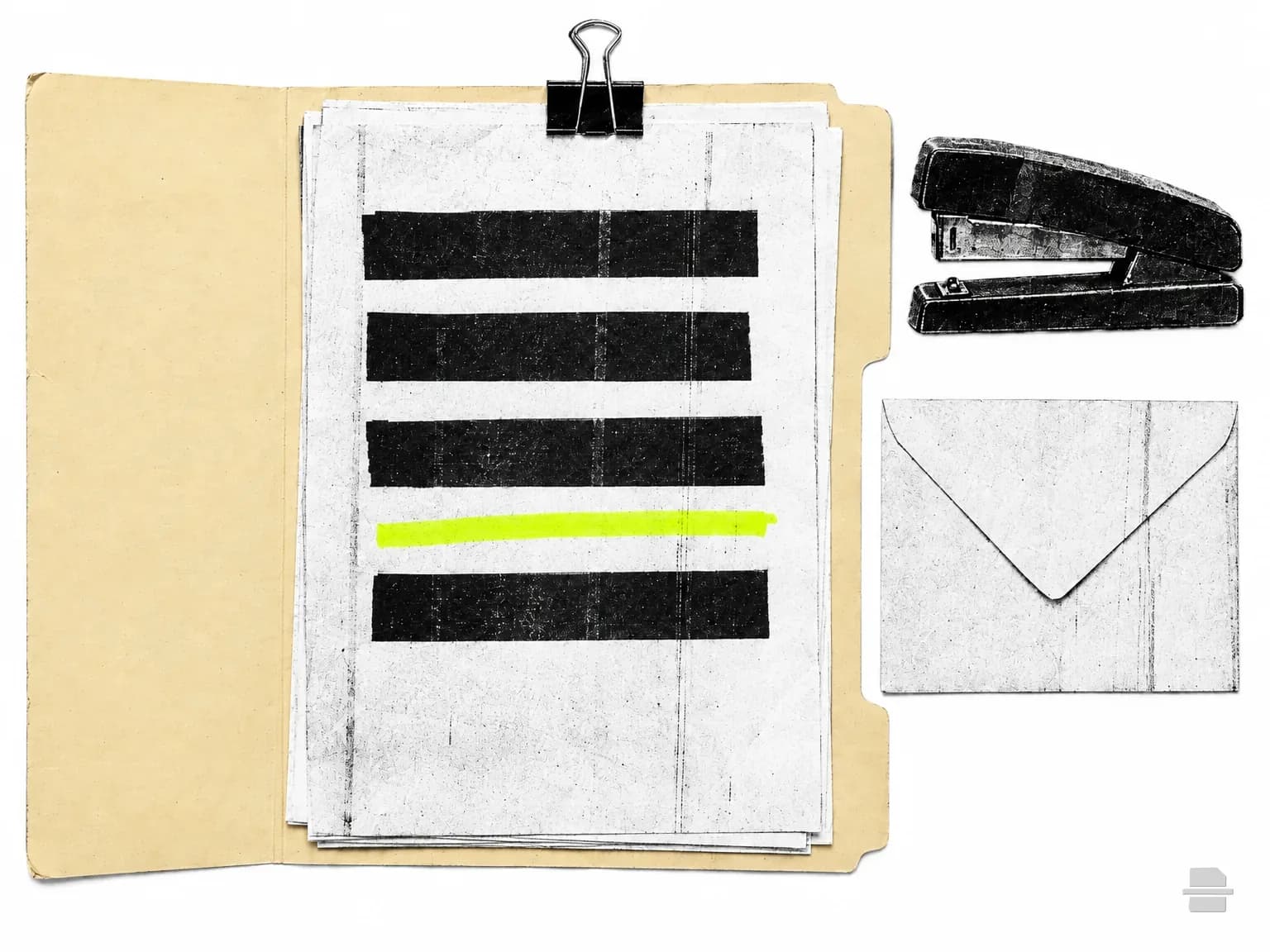 Photocopy-style paste-up of an open manila folder holding a page with black bars