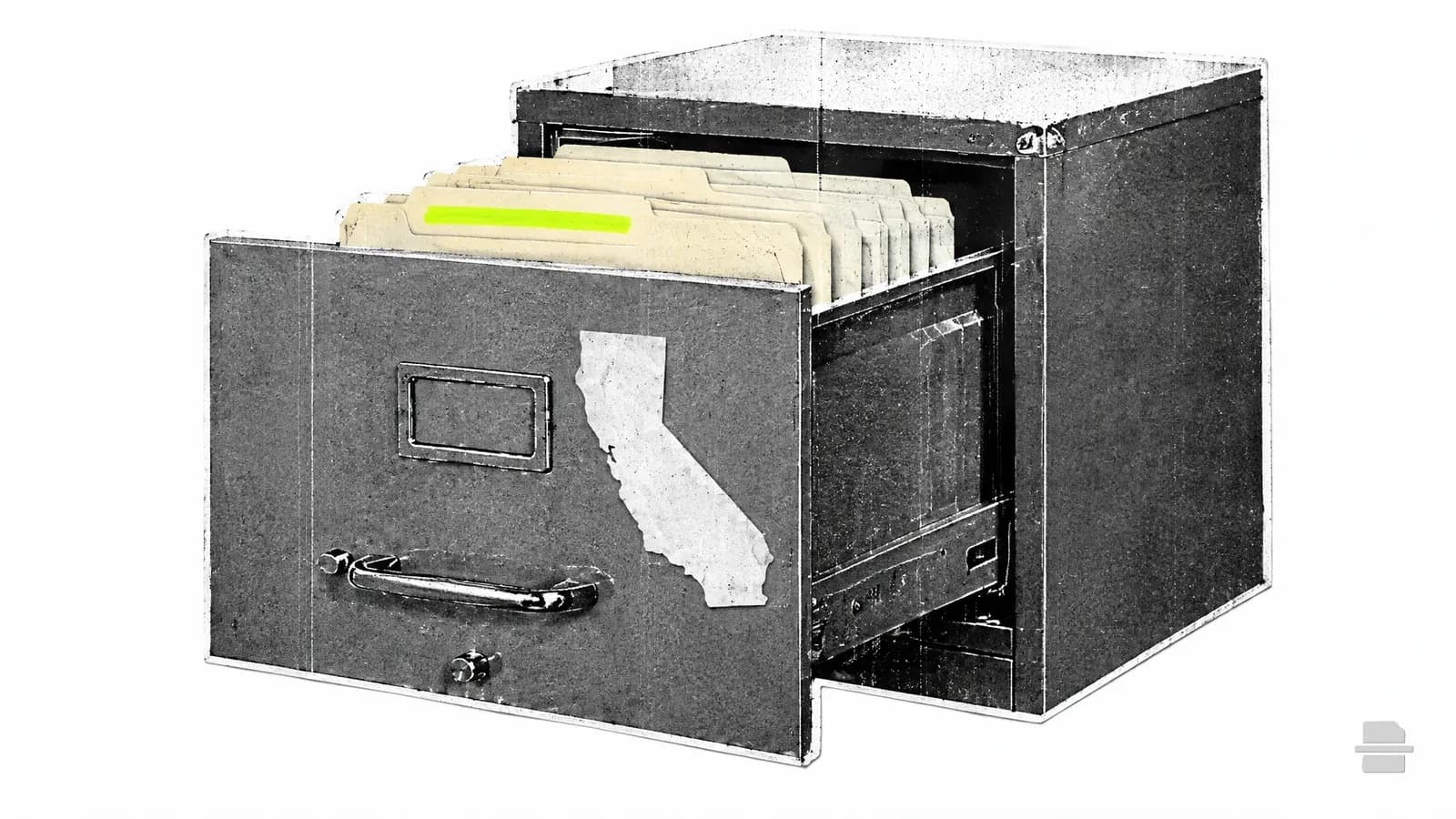 Photocopy-style paste-up of an open filing drawer of manila folders with a paper outline of California