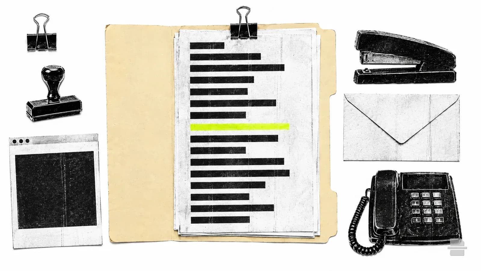 Photocopy-style paste-up of a long ruled list of black bars in an open manila folder