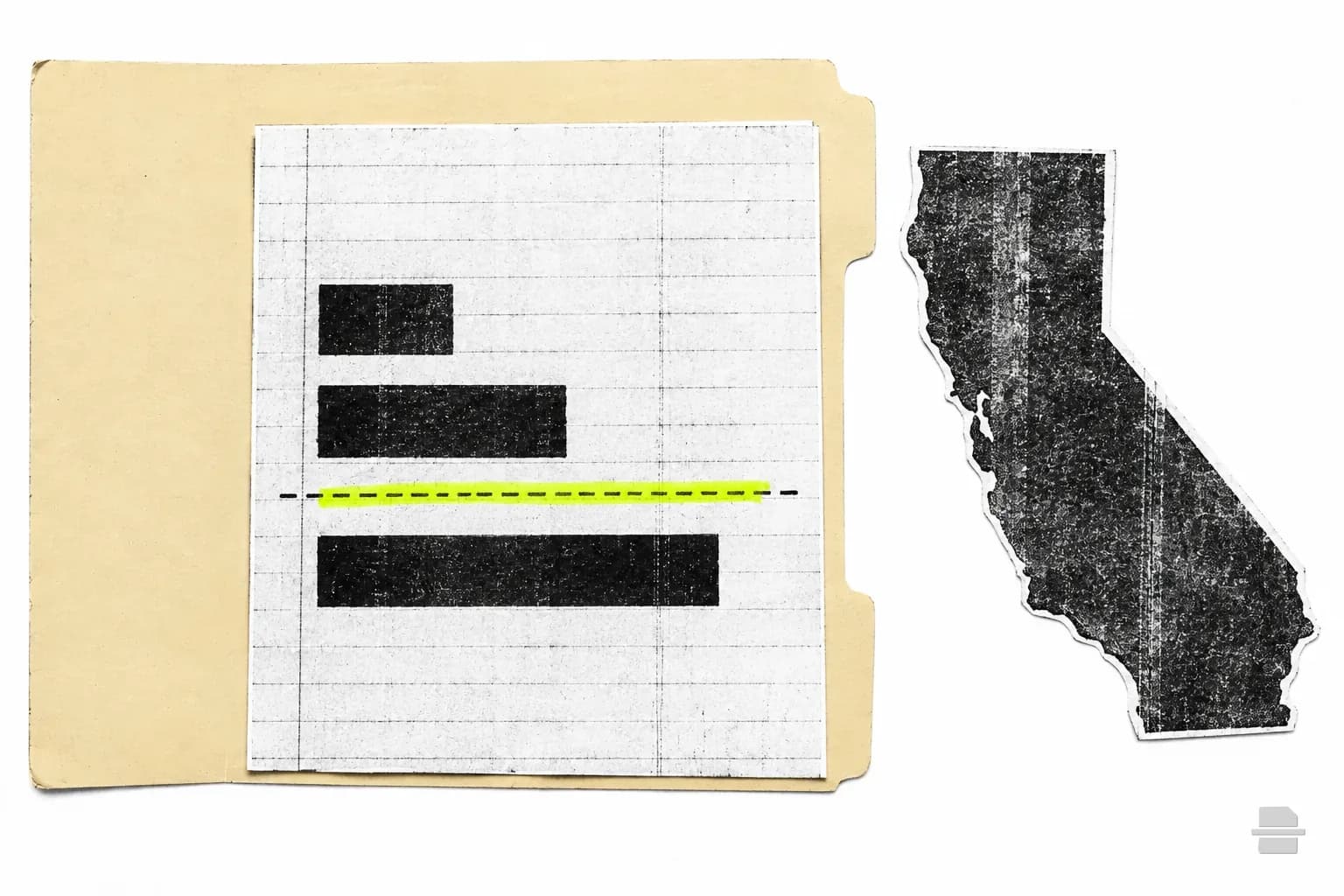 Photocopy-style paste-up of a ruled slip with three rising black bars and a paper outline of California