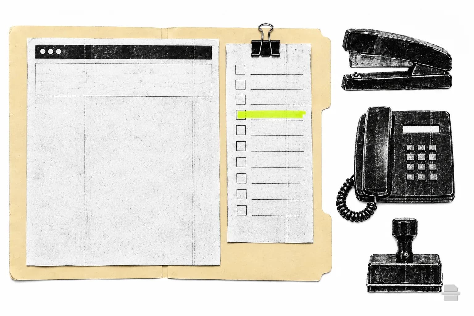 Photocopy-style paste-up of a printed browser window beside a checklist slip with empty tick boxes