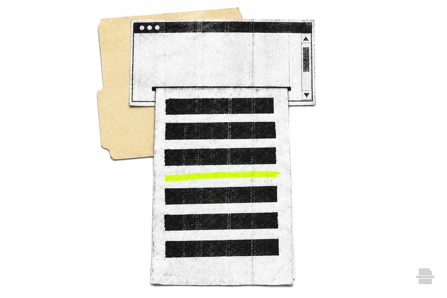 Photocopy-style paste-up of a printed browser window with a long ruled page of black bars pulled from it
