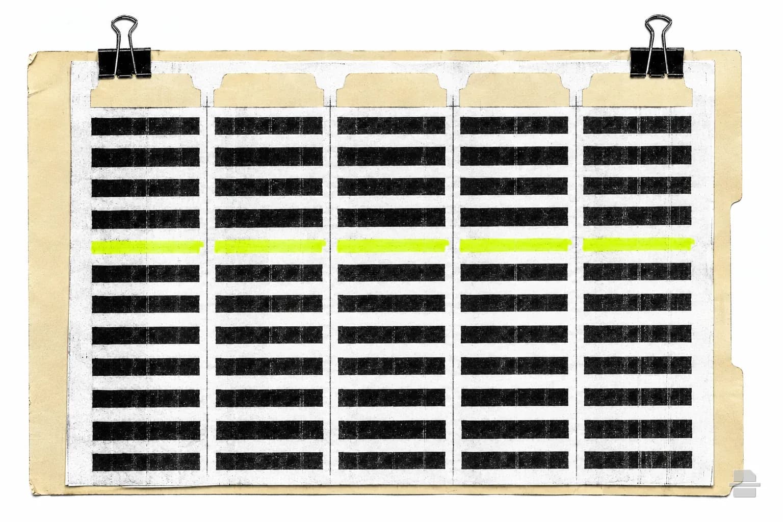 Photocopy-style paste-up of a ruled five-column ledger sheet with blank manila column tabs