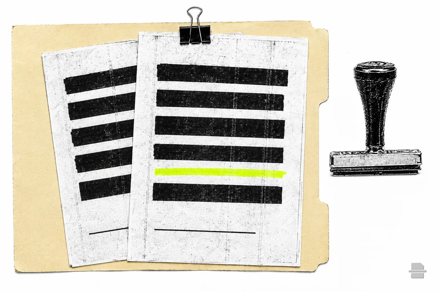 Photocopy-style paste-up of two ruled contract pages with blank signature lines and a rubber stamp
