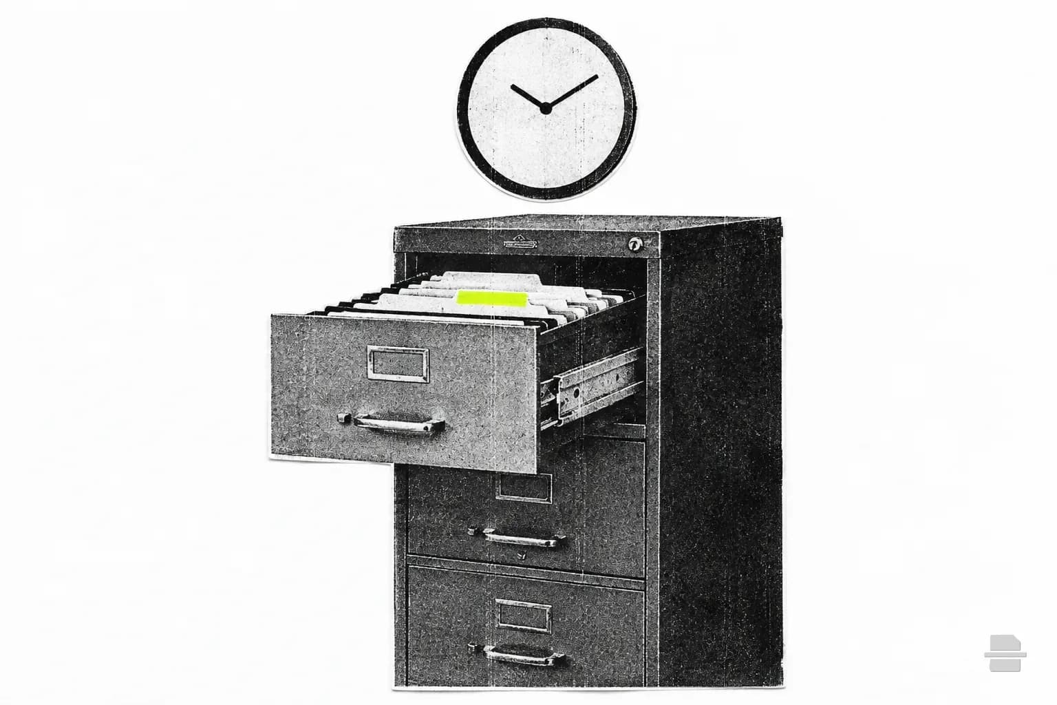 Photocopy-style paste-up of a filing cabinet with an open drawer of manila folders under a blank clock face