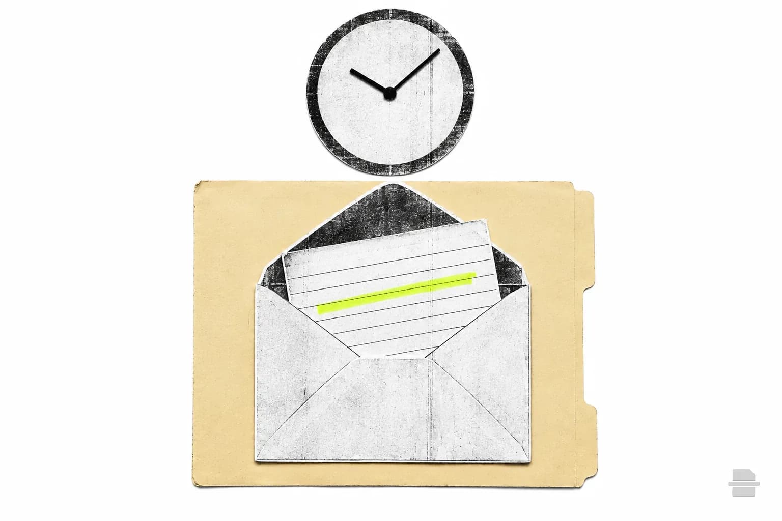 Photocopy-style paste-up of an opened envelope with a request slip and a blank clock face