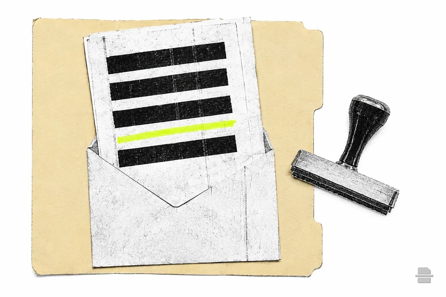 Photocopy-style paste-up of a barred page sliding into an envelope beside a rubber stamp