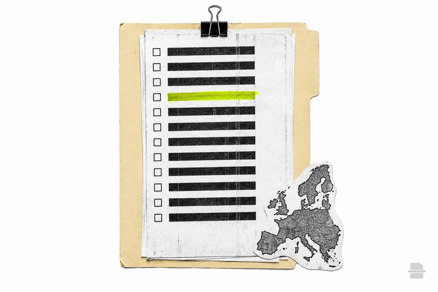 Photocopy-style paste-up of a ruled checklist in a manila folder with a paper outline of the EU