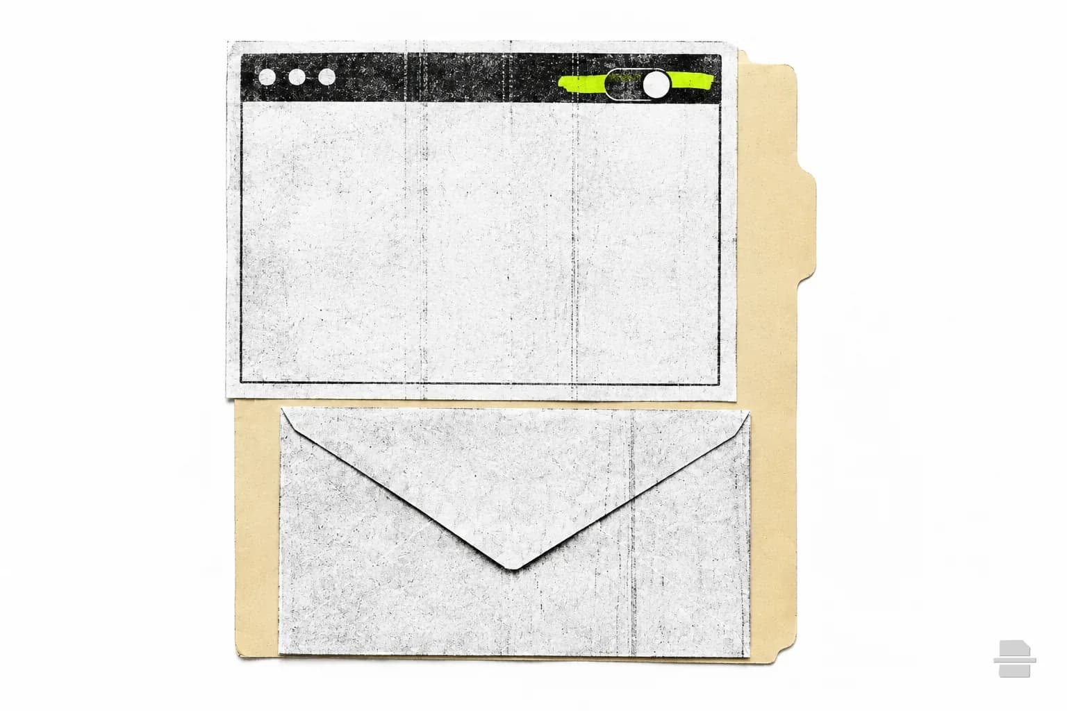 Photocopy-style paste-up of a printed browser window with a blank toggle switch beside an envelope