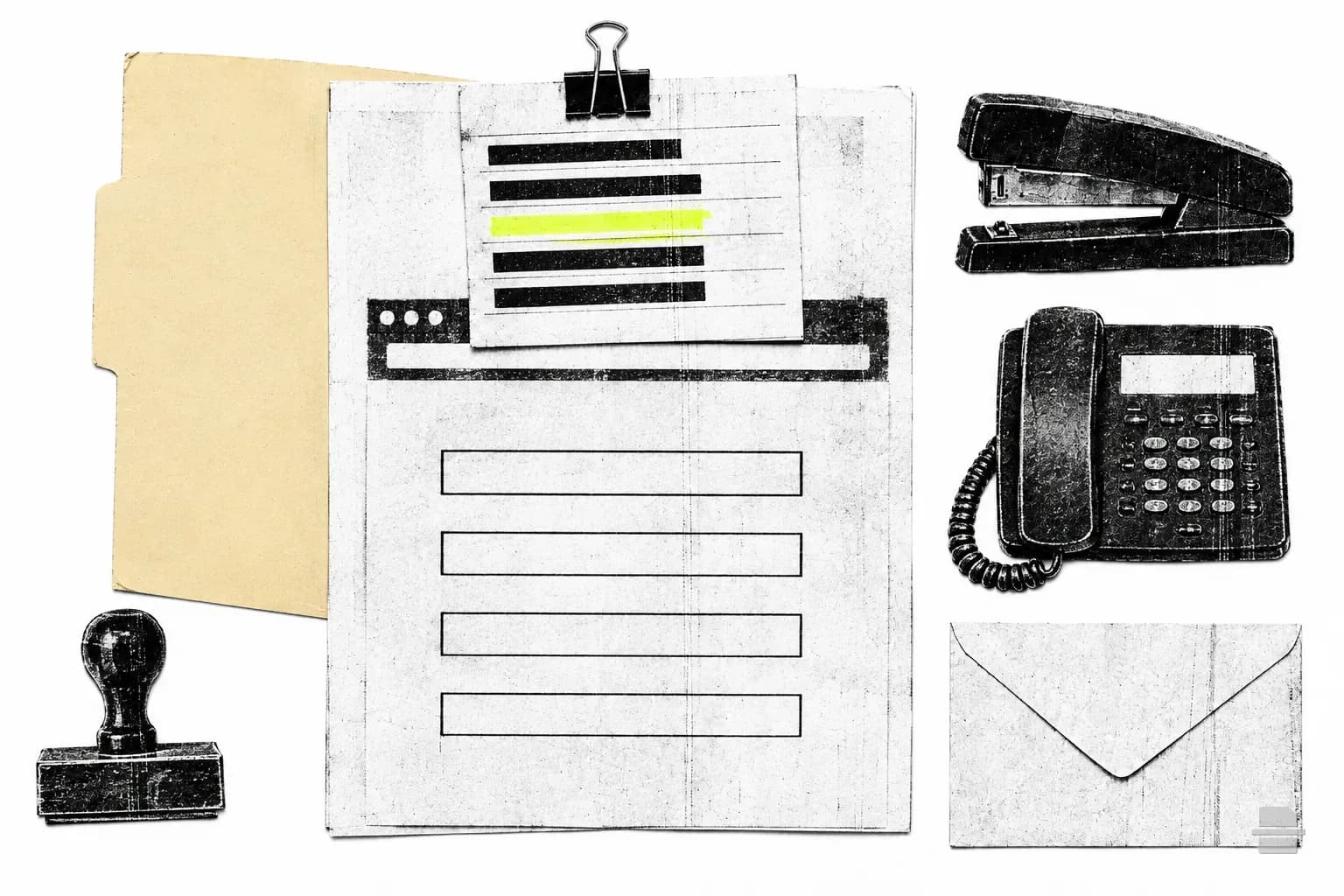 Photocopy-style paste-up of a printed web form with a small ruled notice slip stapled above it