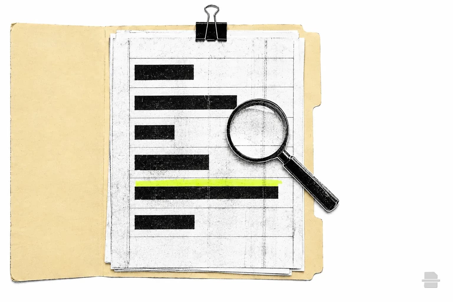 Photocopy-style paste-up of a ruled grid of black bars with a magnifying glass, in a manila folder