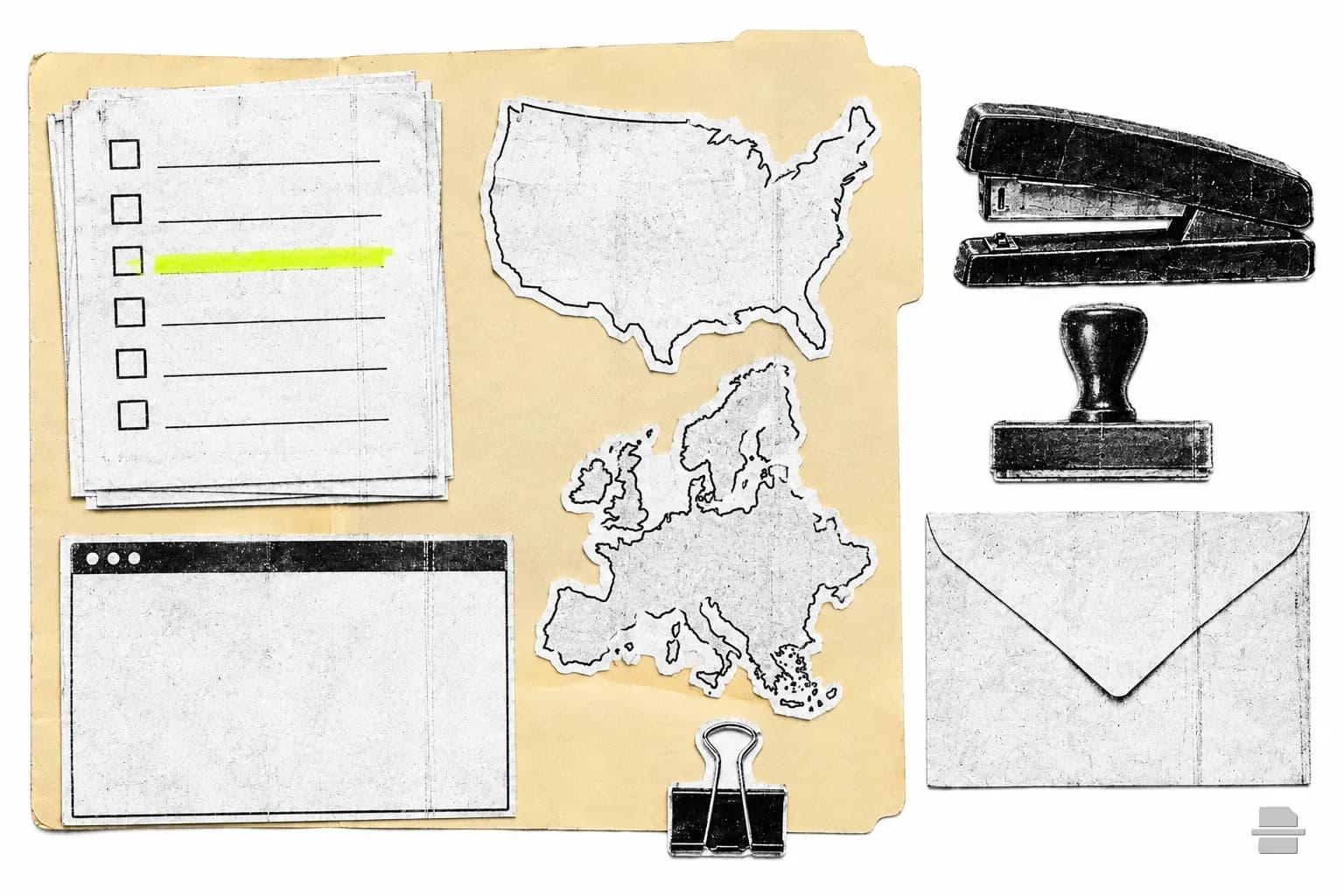 Photocopy-style paste-up of question slips beside paper outlines of a US state and the EU